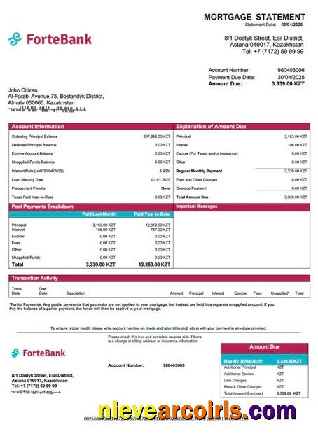 Kazakhstan ForteBank mortgage statement Word and PDF template